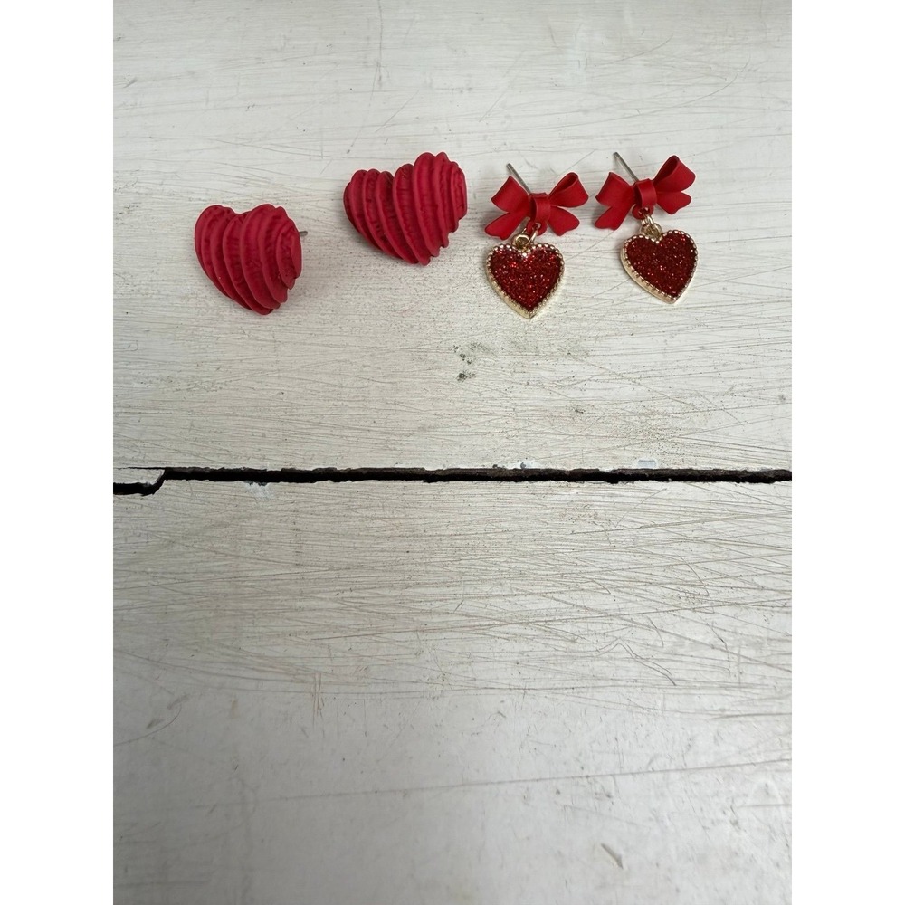 Red Heart‎ Earrings Bundle Glitter Bow Studs 3D Textured Cute Kawaii Valentine